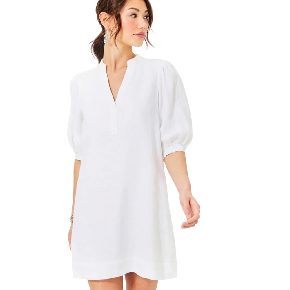 Lilly Pulitzer Miale Linen Shift Dress Resort White V-Neck Puff Sleeve Size 16